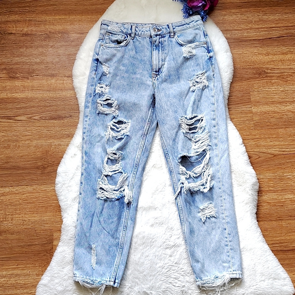 Mom Jeans Bershka High Rise Destroyed Ripped Distressed Denim - Picture 3 of 11